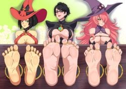 3girls barefoot bayonetta bayonetta_(character) bayonetta_2 black_hair blazblue bob_cut breasts cleavage confettish covered_nipples crossover feet foot_fetish guilty_gear i-no konoe_a_mercury milf nine_the_phantom short_hair soles stocks the_dark_mangaka toes witch witch_hat