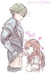 1boy 1girls albein_alm_rudolf_ii alm_(fire_emblem) anthiese_lima blowjob breasts celica_(fire_emblem) clothed cum cum_in_mouth earring fellatio female fire_emblem fire_emblem_echoes:_shadows_of_valentia fire_emblem_gaiden green_hair kneeling nintendo penis r3dfive red_hair simple_background standing uncensored white_background wholesome