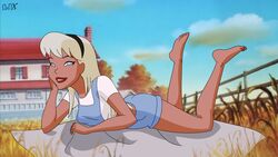 1girls artist_signature barefoot blonde_hair blue_eyes dc dc_comics dcau dedx feet hand_on_cheek headband kara_in-ze outdoors overalls pinup red_lipstick shorts smile solo_female supergirl superman:_the_animated_series superman_(series)