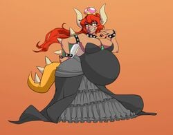 ass belly_button big_ass big_belly big_breasts black_dress bowsette breasts cleavage dark_skin dress female female_focus mario_(series) marrazan monster_girl new_super_mario_bros._u_deluxe orange_eyes pointy_ears ponytail pregnant red_bowsette red_hair rule_63 sharp_teeth shell simple_background smiling smug spikes super_crown tagme tail