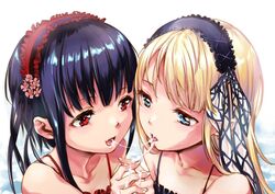 1000_(1000mm) 2girls bangs black_hair black_hairband blonde_hair blue_eyes character_request collarbone cum cum_in_mouth cum_string flower frilled_hairband frills hair_between_eyes hair_flower hair_ornament hairband lolita_hairband long_hair multiple_girls nail_polish open_mouth pink_flower portrait red_eyes shiny shiny_hair spaghetti_strap white_background white_nails