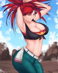 1girls alternate_breast_size armpits arms_above_head artist_name breasts cleavage clothed clothed_female collarbone female female_only flannery_(pokemon) flannery_(pokemon_oras) gym_leader human human_only jeans large_breasts looking_at_viewer midriff nintendo nonutman outdoors pants pokemon pokemon_oras pokemon_rse red_eyes red_hair short_hair sleeveless sleeveless_shirt solo solo_female standing tied_hair tied_shirt