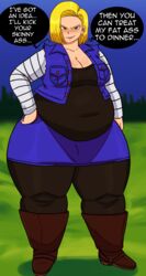 1girls android_18 belly belly_overhang big_ass big_belly big_thighs blonde_hair chubby cleavage cookies-cat dragon_ball fat huge_ass huge_thighs hyper hyper_ass leggings overweight smile thick_thighs tight_clothing