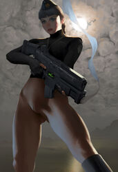 black_hair bottomless clothing female going_commando gun no_panties nopan pussy shaved_pussy stahlberg vagina weapon