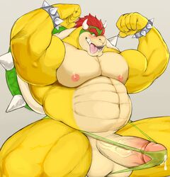 anthro anthro_only balls bara big_muscles big_penis blush bodily_fluids bowser clothing erection flexing genital_fluids genitals hair hi_res horn humanoid_genitalia humanoid_penis koopa male male_only mario_(series) musclegut muscular muscular_anthro muscular_male nintendo nipples pecs penis precum precum_through_clothing red_hair scalie shell simple_background solo spikes thedragonred12 thong tongue tongue_out underwear video_games wet wet_clothing yellow_body