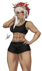 1girls abs after_workout airisubaka bare_midriff big_breasts cleavage fire_emblem fire_emblem_fates grey_hair looking_at_viewer medium_hair muscular muscular_female nintendo red_eyes rinkah_(fire_emblem) short_hair shorts solo solo_female sweat sweaty tank_top thick_thighs towel white_background workout