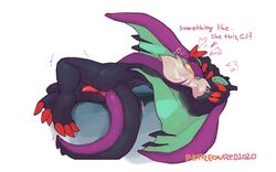 2020 anthro anus black_body black_fur black_wings blush breath claws dialogue embarrassed english_text finger_claws fur genitals green_membrane green_wings grey_body grey_fur hi_res lying male membrane_(anatomy) membranous_wings motion_lines multicolored_body multicolored_fur nintendo noivern on_side patreon penis pink_anus pink_penis pokémon_(species) pokemon pokemon_(species) pose purple_body purple_fur purple_wings reclining red_claws redponei scales shadow signature simple_background solo tapering_penis text toe_claws two_tone_body two_tone_fur two_tone_wings video_games white_background wings