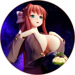 1girls 3d big_breasts cleavage doki_doki_literature_club earth giantess gigantic_breasts green_eyes growth huge_breasts immalol minmax3d monika_(doki_doki_literature_club) no_bra open_clothes tagme