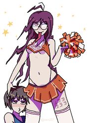 2girls ahoge blush brown_hair cheerleader cheerleader_uniform danganronpa danganronpa_ultra_despair_girls fukawa_touko genocider_shou glasses long_hair miniskirt naegi_komaru nikkei_(artist) pleated_skirt pom_poms short_hair skirt straight_hair