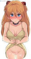 1girls angry asuka_langley_sohryu big_breasts blue_eyes blush breasts cleavage clothed clothing dress dress_lift female_focus female_only hioyami large_breasts long_hair looking_at_viewer neon_genesis_evangelion no_panties no_pussy orange_hair revealing_clothes simple_background sleeveless_dress solo sundress white_background yellow_dress