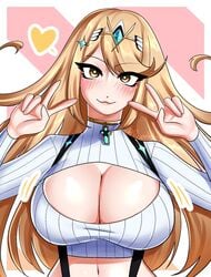 1girls blonde_hair blush breast_focus breasts cleavage double_v female female_focus female_only fully_clothed large_breasts long_hair looking_at_viewer mythra rumblyf smile sweater top_heavy turtleneck xenoblade_(series) xenoblade_chronicles_2 yellow_eyes