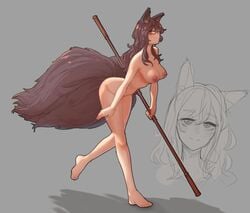 looking_at_viewer nude nude_female popopoka staff tail yellow_eyes