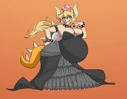 belly_button big_belly big_breasts black_dress blonde_hair blue_eyes bowsette breasts cleavage dress female female_focus mario_(series) marrazan monster_girl new_super_mario_bros._u_deluxe pointy_ears ponytail pregnant rule_63 sharp_teeth shell simple_background smiling smug spikes super_crown tagme tail