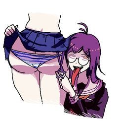 2girls ahoge ass assisted_exposure blue_skirt blue_striped_panties danganronpa danganronpa_ultra_despair_girls female female_face_near_ass female_only fukawa_touko genocider_shou long_hair naegi_komaru nikkei_(artist) panties pleated_skirt skirt skirt_lift smooth_skin upskirt