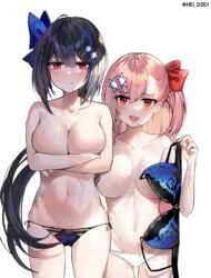 2girls black_hair blush bra breasts cleavage embarrassed female_focus female_only girls'_frontline hei_d highres jericho_(girls'_frontline) large_breasts long_hair looking_at_viewer multiple_girls negev_(girls'_frontline) negev_(girls_frontline) nipples open_mouth pink_hair red_eyes simple_background smile topless underwear white_background