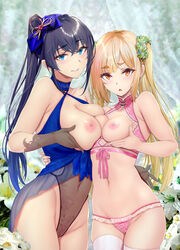 2girls big_breasts black_hair blonde_hair blue_eyes blue_hair blush boobs_bang breasts female female_only gentsuki hair_ornament kimi_omou_koi kuroe_(kimi_omou_koi) large_breasts lingerie looking_at_viewer multiple_girls original