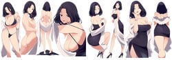 1girls ass big_ass big_breasts black_hair bob_cut bra brown_eyes dress female female_only green_eyes hi_res high_heels looking_at_viewer mikoto_akemi nude underwear undressing