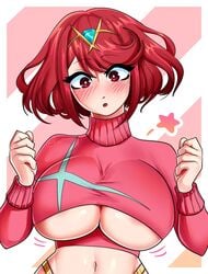 1girls big_breasts blush breast_focus breasts cleavage embarrassed female female_only large_breasts pyra red_eyes red_hair rumblyf solo sweater top_heavy turtle_neck underboob xenoblade_(series) xenoblade_chronicles_2