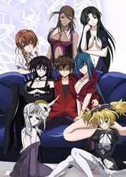 1boy 6+girls black_hair blonde_hair blue_eyes blue_hair breasts cleavage girl_sandwich harem hetero high_school_dxd highres hyoudou_issei jewelry kalawarner katerea_leviathan kiryuu_aika large_breasts long_hair mittelt multiple_girls navel necklace pimp purple_eyes raynare sandwiched smile underboob viser viser_(high_school_dxd) yellow_eyes yxyyxy