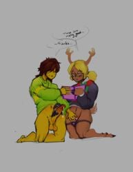 anthro blush bodily_fluids bottomless cervid clothed clothing deltarune duo edit female fingering genital_fluids genitals handjob human kris_(deltarune) looking_at_porn male male/female mammal marmaladedoodles_(artist) masturbation mutual_masturbation noelle_holiday penile penis precum pussy pussy_juice sex video_games