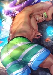 1boy abs arm_up armpit armpit_hair armpits ass back back_muscles back_view beach big_ass big_butt bottomwear bubble_ass bubble_butt chest closed_eyes clothing facial_hair facing_away gozu_farm green_hair hairy_armpits half-dressed half_clothed human human_only leaning leaning_against_wall looking_back male male_feet male_focus male_only muscles muscular muscular_male nipple nipples pecs pectorals smile smiling solo solo_focus solo_male swim_trunks swimwear teeth teeth_showing topless