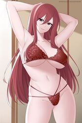 armpits arms_behind_head aslindsamure big_breasts cleavage erza_scarlet fairy_tail female female_focus female_only hair_between_eyes lingerie long_hair looking_at_viewer multi-strapped_bikini purple_eyes red_hair red_lingerie small_panties smile solo_female standing underboob