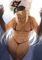 1girls abs areola_slip belly bellybutton black_bra black_panties blonde_hair blush breasts dark-skinned_female dark_skin erect_nipples eyelashes guilty_gear guilty_gear_strive hat hourglass_figure lips long_hair looking_at_viewer makumaxu medium_breasts micro_bikini muscular muscular_female open_mouth ramlethal_valentine solo thick_thighs thighs white_headwear wide_hips yellow_eyes