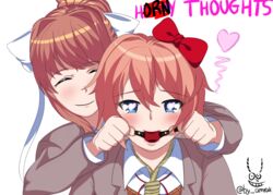 amrak ball_gag blue_eyes bondage brown_hair doki_doki_literature_club female gag gagged monika_(doki_doki_literature_club) mouth_gag sayori_(doki_doki_literature_club)