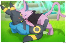 after_transformation alsoflick ass bodily_fluids cum cum_drip dripping drooling eeveelution espeon fountain french_kissing genital_fluids genitals hi_res kissing male male/male male_only nintendo penis pokémon_(species) pokemon saliva saliva_string sex transformation umbreon video_games window