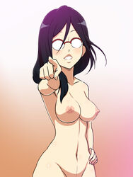 blush breasts female glasses gradient gradient_background groin hand_on_hip hibike!_euphonium medium_breasts navel nipples opaque_glasses parted_lips pointing pointing_at_viewer red-framed_eyewear rimless_eyewear solo_focus standing tanaka_asuka yuki_(12cut)