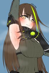 1girls armpit armpit_fetish artist_name brown_hair embarrassed girls'_frontline green_hair hair_highlights large_breasts long_hair m4a1_(girls'_frontline) sweat sweaty yellow_eyes