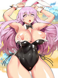 1girls arms_up big_breasts bunny_ears bunnysuit cuffs female hata_no_kokoro lactation long_hair milk nipples oo_umigarasu open_mouth pink_eyes pink_hair solo touhou