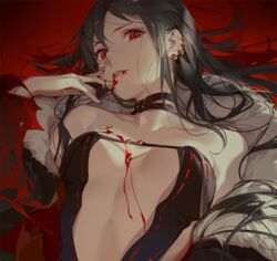 1girls ask_(askzy) bare_shoulders blood blood_on_face breasts breasts_apart brown_hair choker collarbone ear_piercing earrings fate/grand_order fate_(series) female female_focus female_only fur_collar laying_down long_hair looking_at_viewer pale-skinned_female pale_skin parted_lips piercing red_eyes revealing_clothes small_breasts solo solo_focus strapless_dress yu_mei-ren_(fate) yu_miaoyi_(fate)