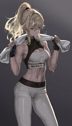 1girls athletic athletic_female bare_arms bare_shoulders blonde_hair blue_eyes breasts cleavage cleavage_cutout clothed clothing clothing_cutout contrapposto cowboy_shot crop_top female female_focus female_only fingerless_gloves genshin_impact gloves heavy_breathing high_ponytail highres hips jean_gunnhildr looking_away m2_(guvn5745) medium_breasts midriff navel pale-skinned_female pale_skin pants parted_lips ponytail sleeveless solo solo_focus sports_bra sportswear standing stomach sweat tight_clothing toned toned_female towel towel_around_neck workout yoga_pants