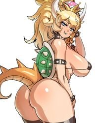 ass big_ass big_breasts big_eyebrows bikini_top black_lipstick blonde_hair blue_eyes bowsette cute_fang female horns long_hair looking_at_viewer looking_back makeup maniacpaint mario_(series) monster_girl new_super_mario_bros._u_deluxe ponytail shell sideboob smiling solo spiked_collar spikes stockings super_crown tagme tail thick_ass thick_thighs thighhighs white_background