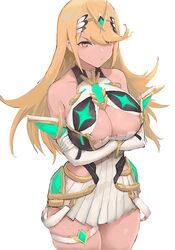 1girls arqa blonde_hair breasts cleavage female female_only huge_breasts mythra nintendo nipples thighlet xenoblade_(series) xenoblade_chronicles_2 yellow_eyes