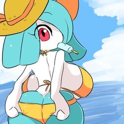 1girls alternate_color anthro anthrofied ass beach big_ass big_eyes bikini clouds eye_contact hair_over_one_eye huge_ass huge_breasts kirlia large_ass looking_at_viewer looking_back nintendo pokémon_(species) pokemon pokemon_(species) pokemon_oras pokemon_rse popsicle red_eyes rui_(sugaru) sea shiny_pokemon shiny_skin shortstack sky solo sugaru voluptuous white_skin yellow_bikini