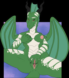 anthro black_horn breasts dragon ethelshai female frill_(anatomy) genitals green_body green_scales hi_res horn looking_at_viewer masturbation membrane_(anatomy) membranous_frill membranous_wings nipples oli_snowpaw pussy scales solo spread_pussy spreading white_body white_scales wings