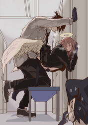 2boys against_wall anal anal_sex angel angel_devil_(chainsaw_man) beam_(chainsaw_man) chainsaw_man devil feathered_wings femboy from_behind gay girly halo hayakawa_aki long_hair male_only wings yaoi