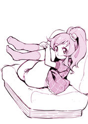 anus ass censored couch dress dress_pull female female_pubic_hair from_side hat high_ponytail highres idol kiratto_pri_chan leg_hug legs_together legs_up long_hair looking_at_viewer lying mini_hat momoyama_mirai monochrome no_panties on_couch plaid plaid_dress pretty_(series) pubic_hair puffy_short_sleeves puffy_sleeves pussy short_sleeves sidelocks simple_background smile socks solo ukokkei white_background