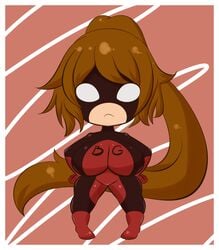 1girls big_breasts bodysuit brown_hair buster_girl_(corruptking) busty chibi cute jcdr ponytail red_bodysuit solo solo_female superheroine tagme thick tight_clothing