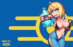 1girls bethesda_softworks big_breasts blonde_hair blue_eyes breasts cleavage computer electronics fallout fallout_(series) female female_only hand_on_breast human large_breasts nuka-cola nuka-cola_quantum pip-boy solo vault_girl vault_meat vault_suit wristwear yinyue