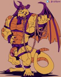 barazoku boris_(disambiguation) boris_(spyro) broken_horn collar harness himbo horn looking_at_viewer male male/male membrane_(anatomy) membranous_wings muscular rickleone rope scalie wings yellow_body