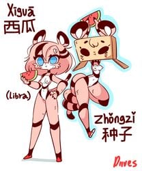 2girls anthro blue_eyes breasts cardboard_box character_name color colored cute diives eating fruit inverted_nipples looking_at_viewer multiple_girls naked_footwear nipples pantherine tagme tiger watermelon white_background xigua_(diives) xingzuo_temple zhongzi_(diives)