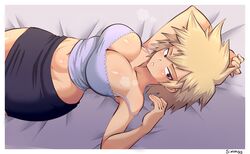 1girls abs big_breasts blonde_hair blush breasts camisole cleavage female female_only large_breasts milf mitsuki_bakugou my_hero_academia navel off_shoulder on_back shiny_skin shounen_jump simmsy skirt solo spiky_hair sweat