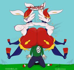 2girls anthro aroused big_ass buldge butt_squish cinderace colored dialogue edit female furry jumping large_breasts nintendo ota_(artist) pokémon_(species) pokemon pokemon_(species) pokemon_ss rabbit small_breasts