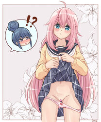 !? 2girls absurdres ahoge blue_eyes blue_hair blush border bow bow_panties censored chestnut_mouth commentary flower hair_bun heart heart_censor highres huge_filesize kagamihara_nadeshiko lily_(flower) long_hair multiple_girls navel panties panty_pull pink_hair purple_eyes pussy school_uniform shima_rin simple_background skirt skirt_lift solo_focus underwear very_long_hair yomo yuri yurucamp