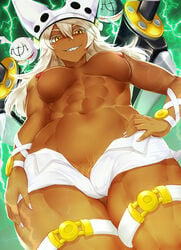 1girls abs blonde_hair blush breasts cameltoe dark_skin eyelashes from_below grin guilty_gear guilty_gear_xrd hand_on_hip hat large_breasts long_hair looking_at_viewer looking_down makumaxu nipples no_panties open_clothes open_pants open_shorts pubic_hair pubic_hair_peek ramlethal_valentine sharp_teeth short_shorts shorts sword thick_thighs thighs toned toned_female topless underboob white_headwear white_legwear wide_hips yellow_eyes