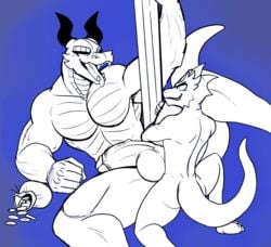 60percentscalie anthro anthro_on_anthro anthro_penetrated anthro_penetrating anthro_penetrating_anthro balls big_dom_small_sub closed_eyes coin coin_purse dragon duo genitals grin hi_res horn humanoid_genitalia humanoid_penis kobold larger_anthro larger_male male male/male muscular muscular_anthro muscular_male open_mouth penetration penis size_difference smaller_anthro smaller_male smile