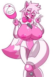 1girls animatronic big_breasts bowtie breasts female female_only five_nights_at_freddy's fluffy_tail frowntown funtime_foxy_(fnaf) funtime_foxy_(fnafsl) furry holding_cap holding_object long_hair looking_at_viewer naked peace_sign pink_body pink_hair puffy_nipples robot robot_ears robot_girl robot_joints shiny_skin sister_location solo tail thick_thighs thighs white_background white_body yellow_eyes